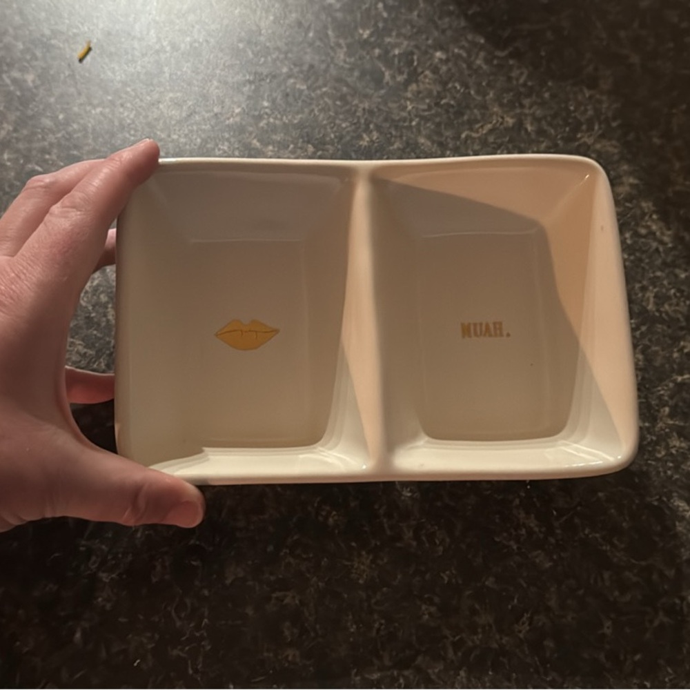 White Ceramic Divided Dish with Gold Accents